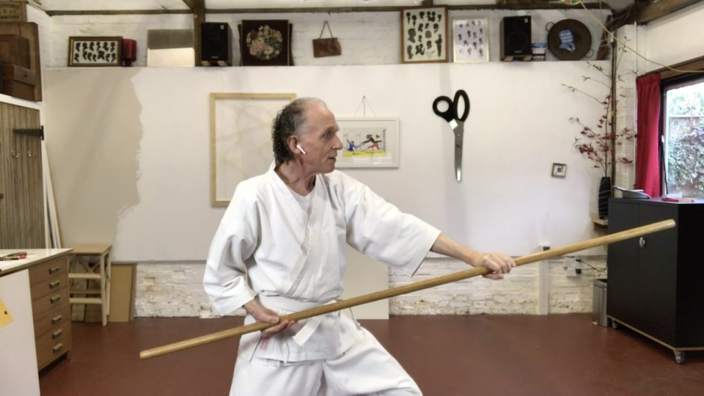 Charles teaching a bojutsu Zoom class