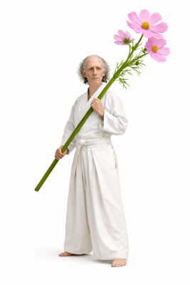 Man in white hakama holding cosmos flower staff